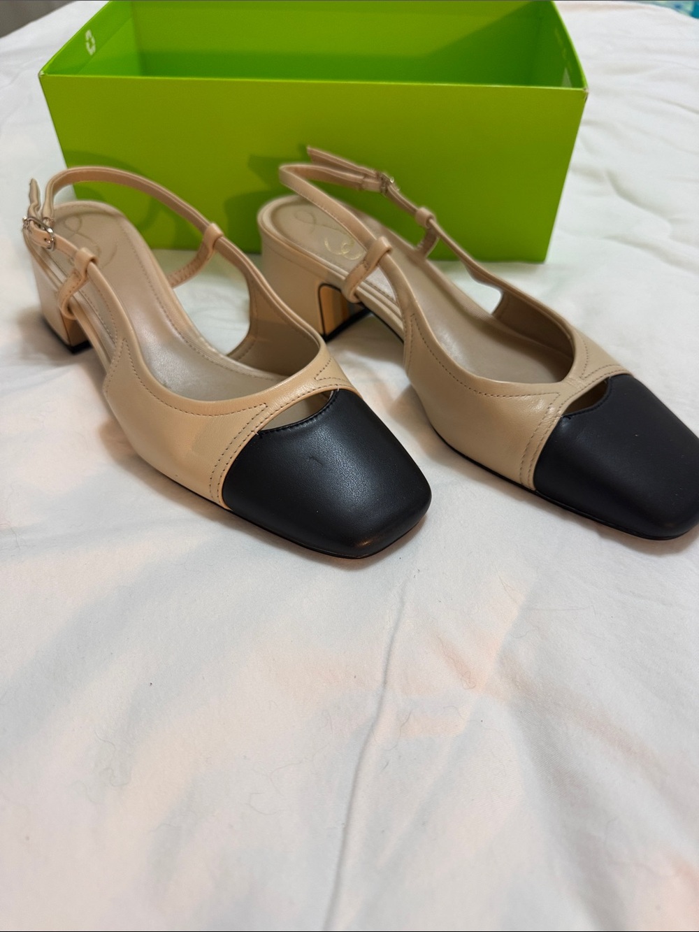 Sam Edelman - Beige and Black Square-Toe Slingback Block Heels